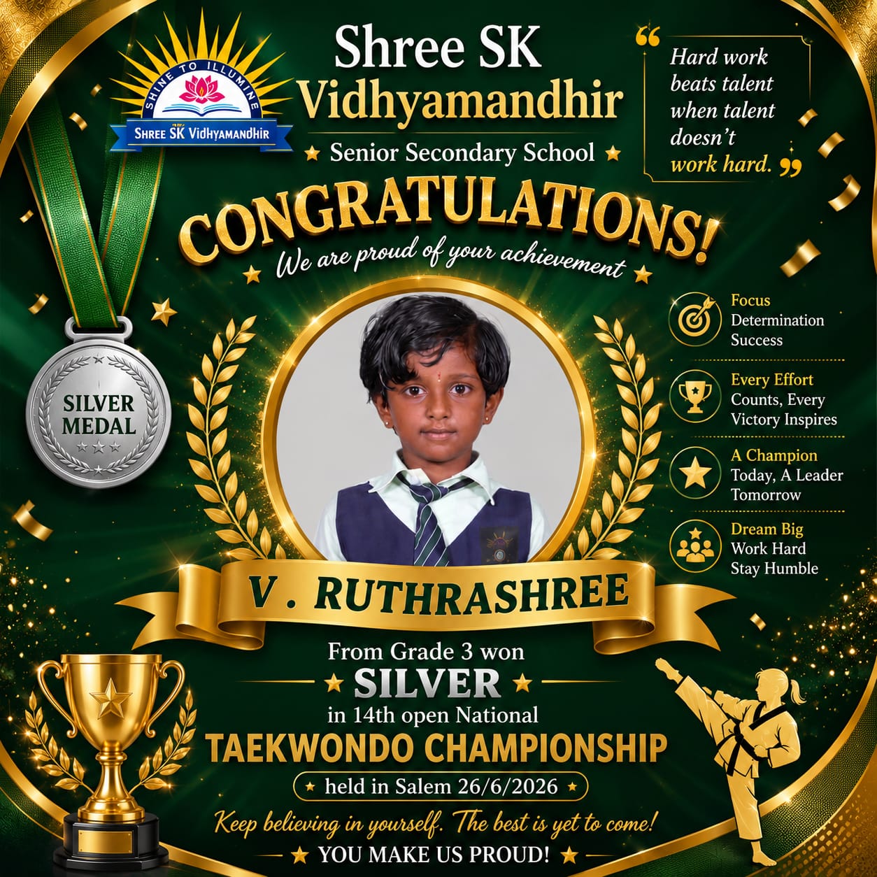 V. Ruthrashree — Silver Medal, 14th Open National Taekwondo Championship